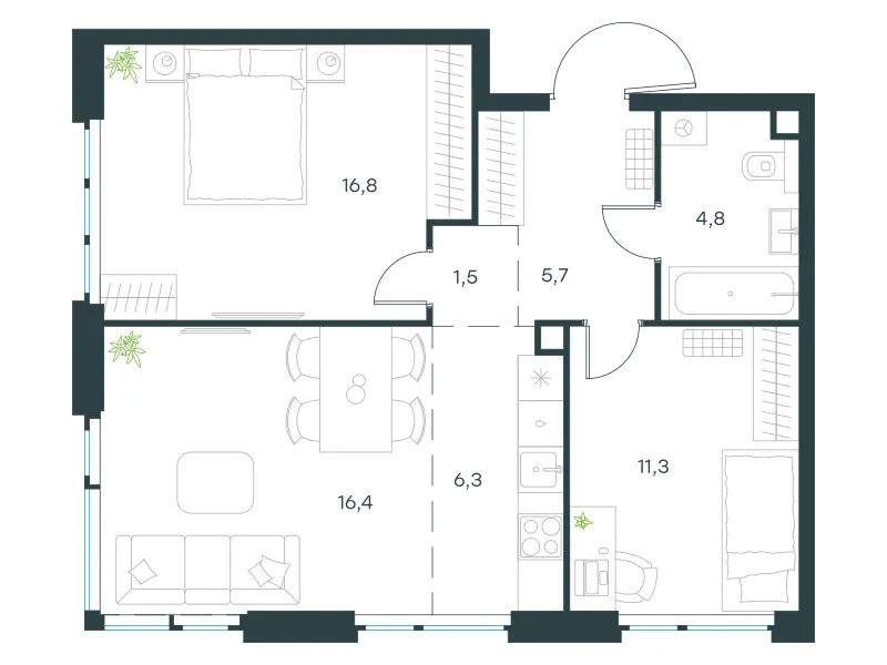 3-комн. 62.6 м²