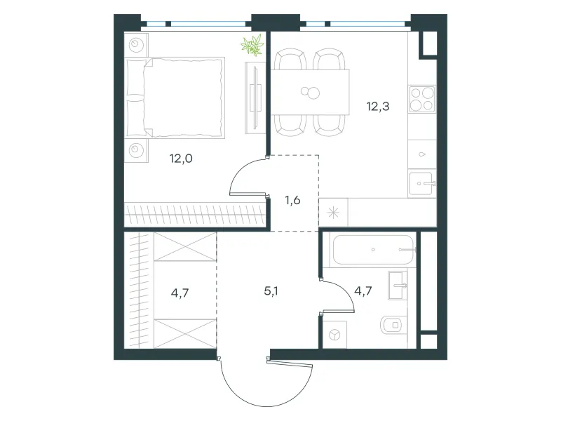 1-комн. 40.4 м²
