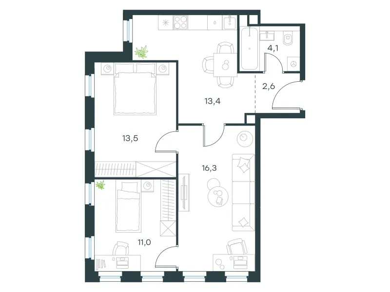 3-комн. 60.9 м²