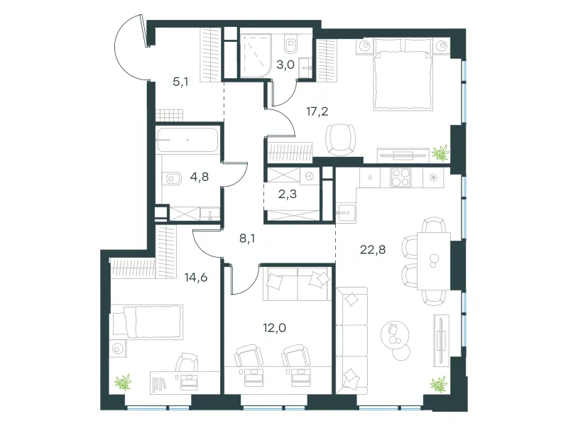 3-комн. 89.9 м²