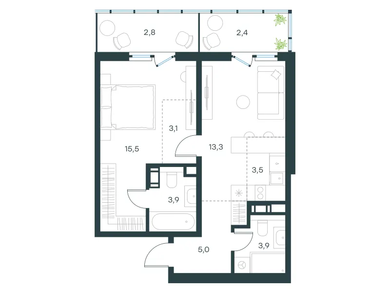 2-комн. 53.6 м²