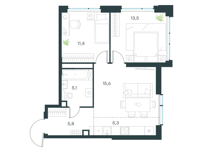 3-комн. 56.7 м²