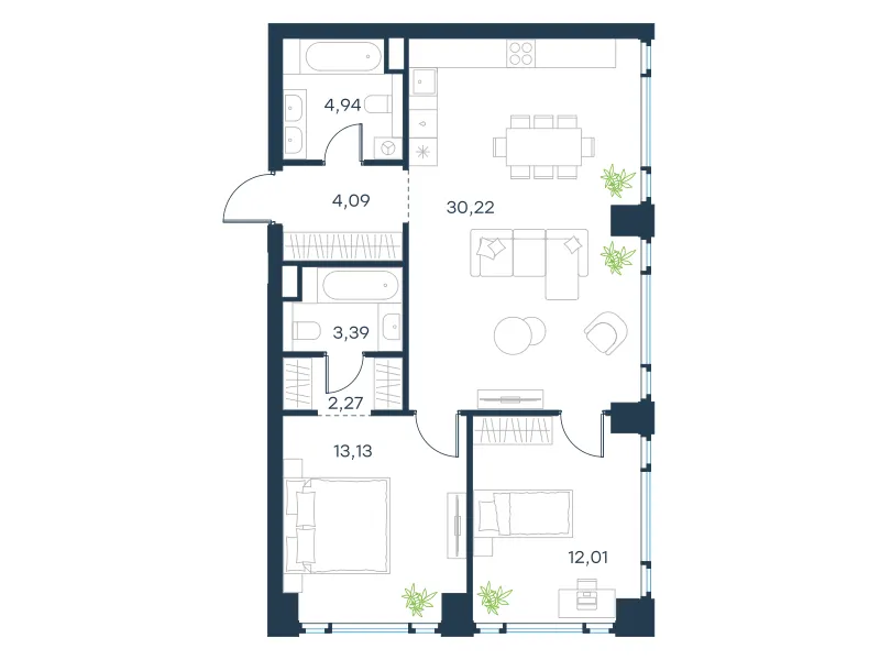 2-комн. 70.1 м²