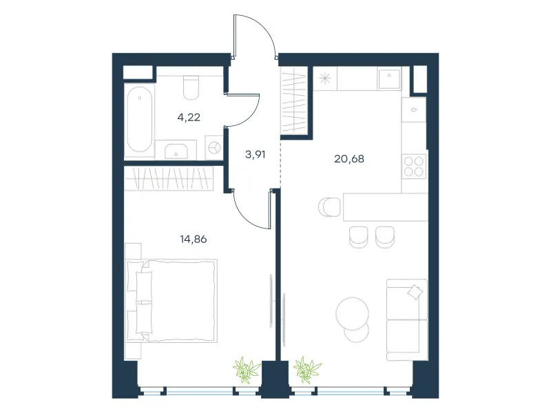 1-комн. 43.7 м²