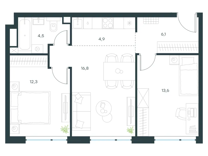 3-комн. 58.6 м²
