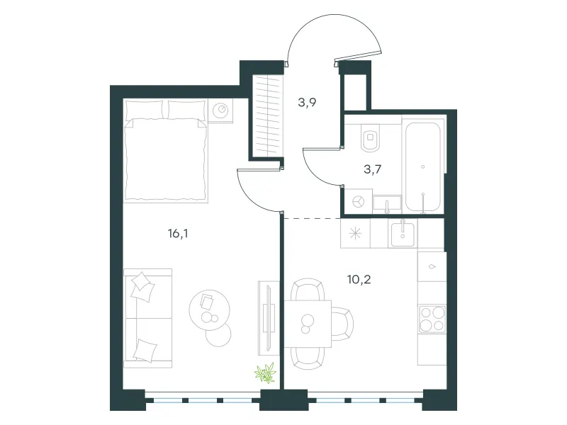 1-комн. 33.9 м²