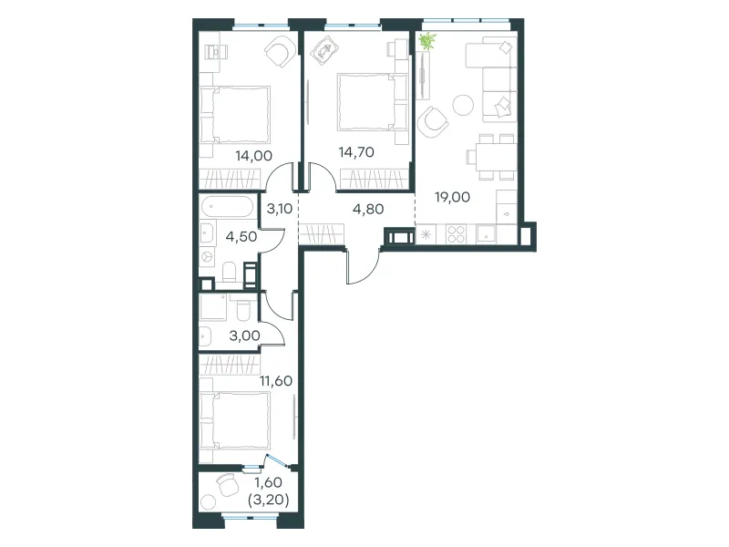 3-комн. 76.3 м²