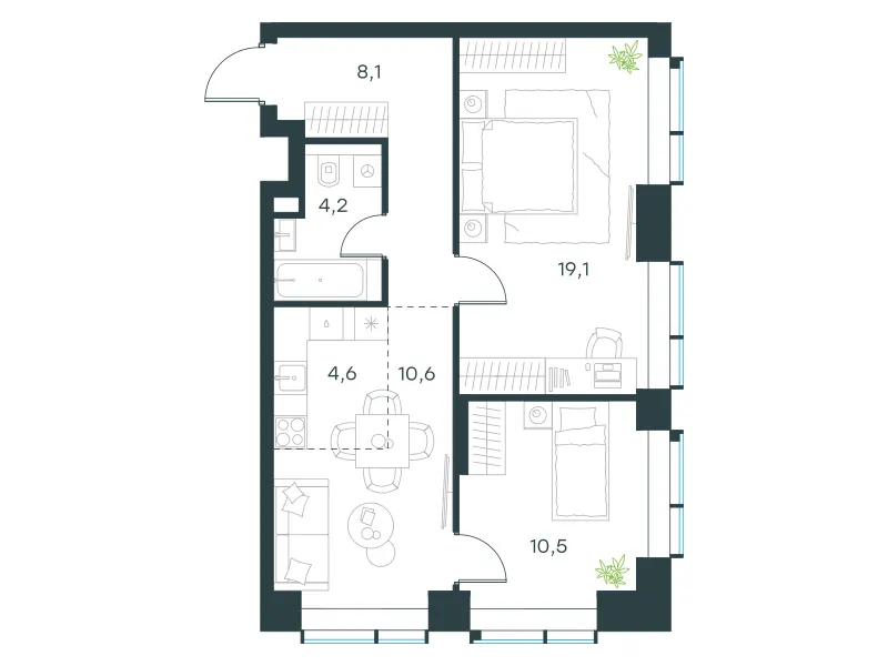3-комн. 57.1 м²