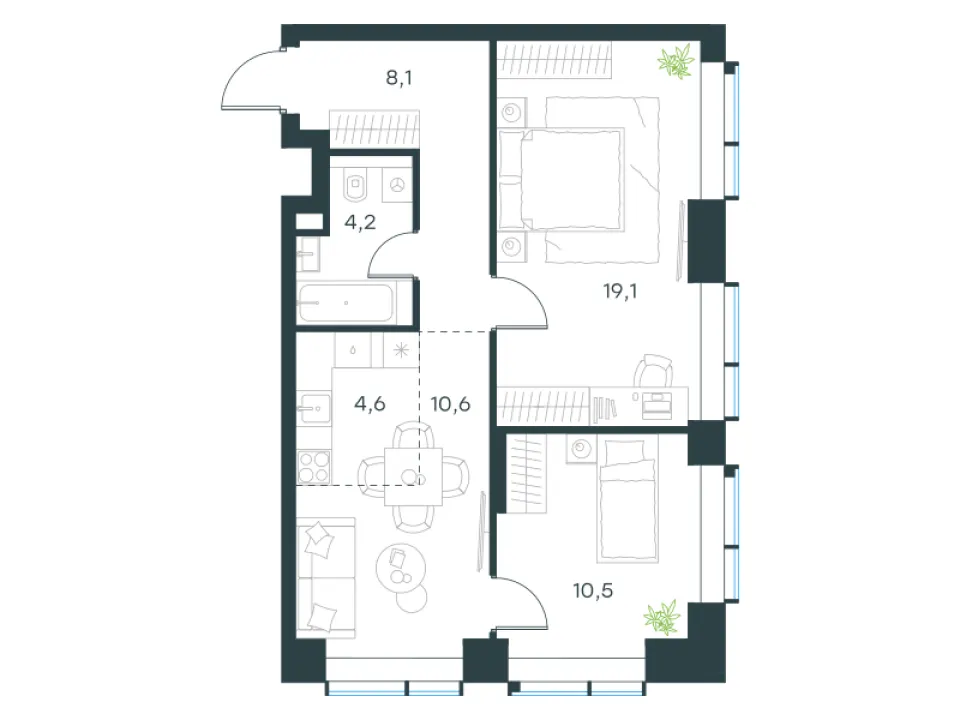 3-комн. 57,1 м²