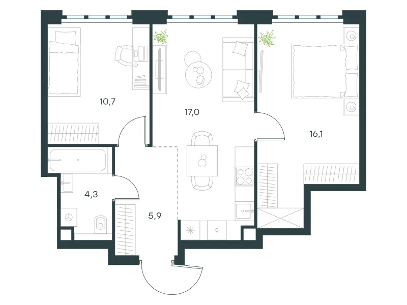 2-комн. 54 м²