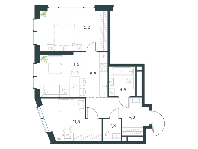 3-комн. 61.6 м²