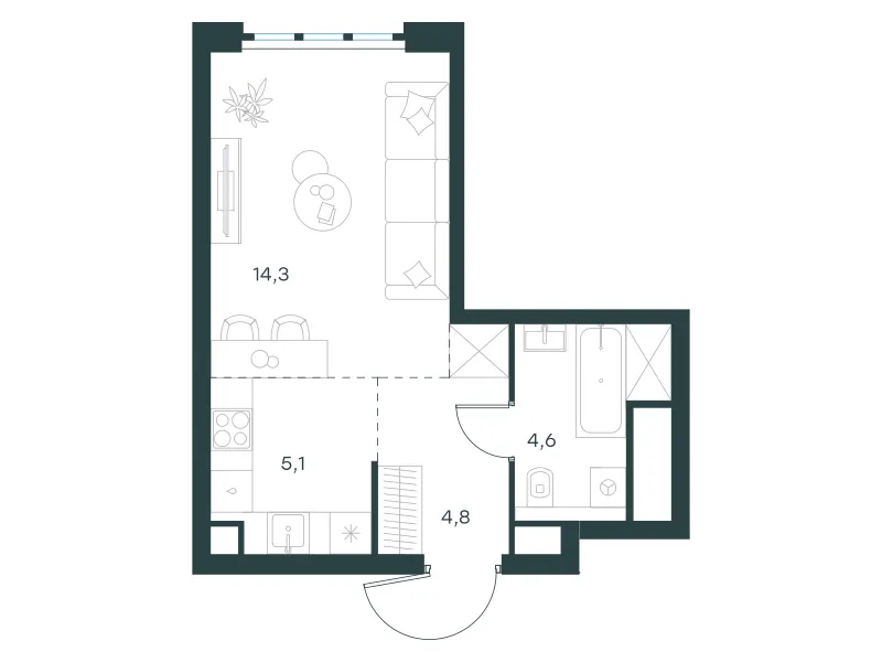 Студия 28.8 м²