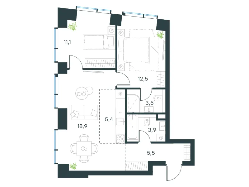 3-комн. 60.8 м²