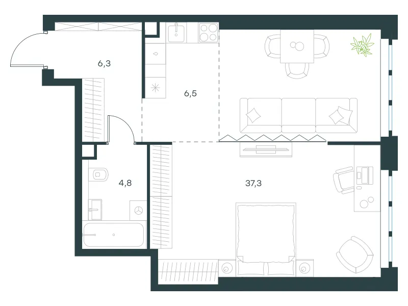 1-комн. 54.9 м²
