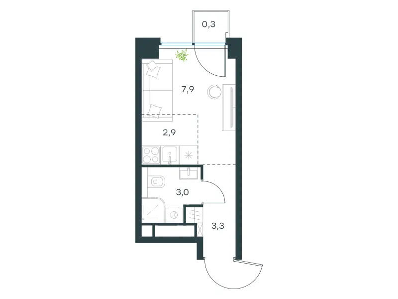 Студия 17.4 м²