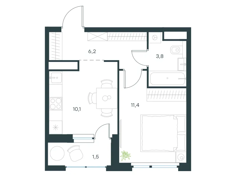 1-комн. 33 м²