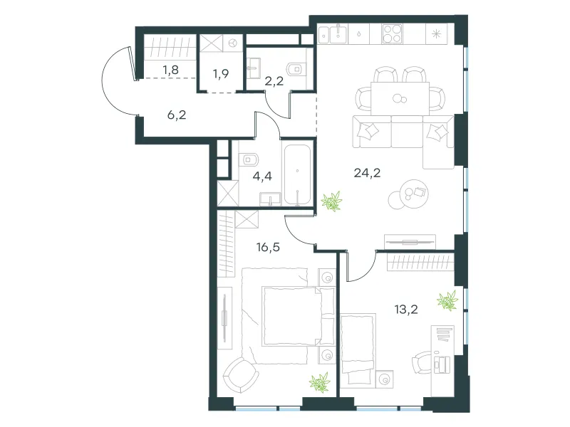 2-комн. 70.4 м²