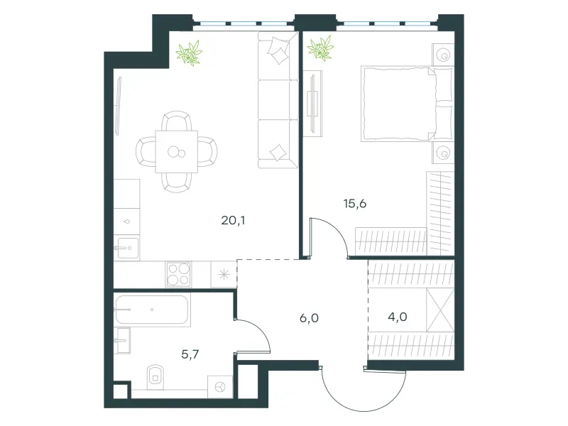 1-комн. 51.4 м²