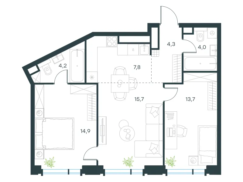 3-комн. 64.6 м²