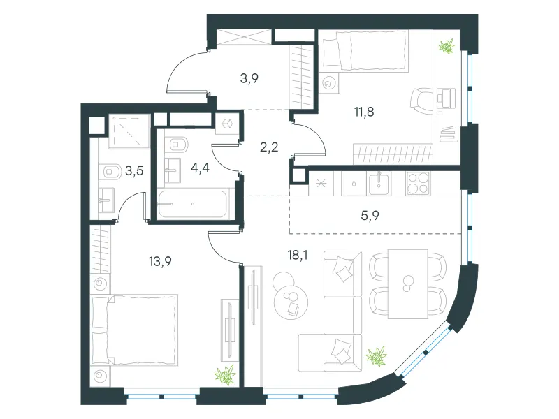 3-комн. 63.7 м²