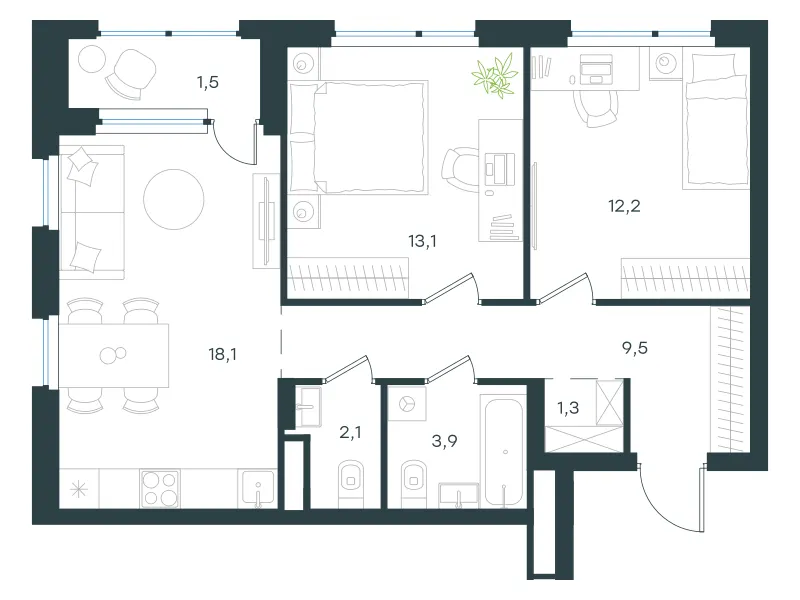 2-комн. 61.7 м²