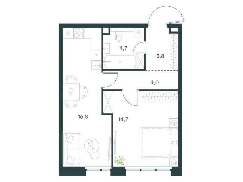 1-комн. 44 м²