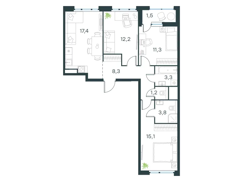 3-комн. 74.2 м²