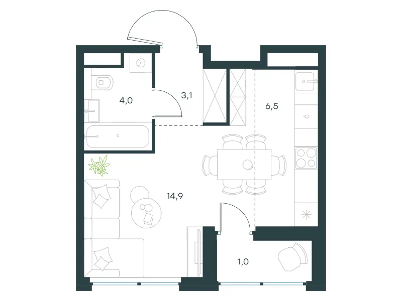 Студия 29.5 м²