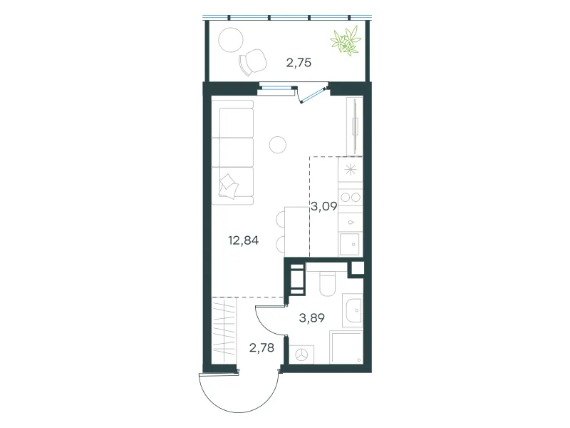 Студия 25.4 м²