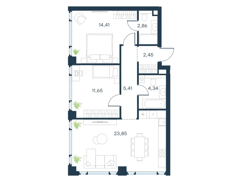 2-комн. 65 м²