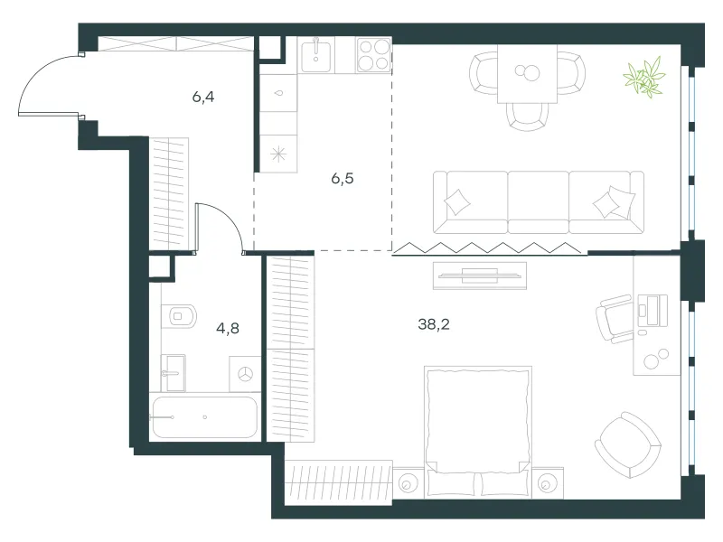 1-комн. 55.9 м²