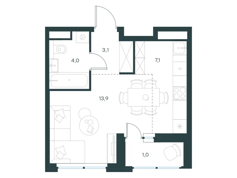 Студия 29.1 м²