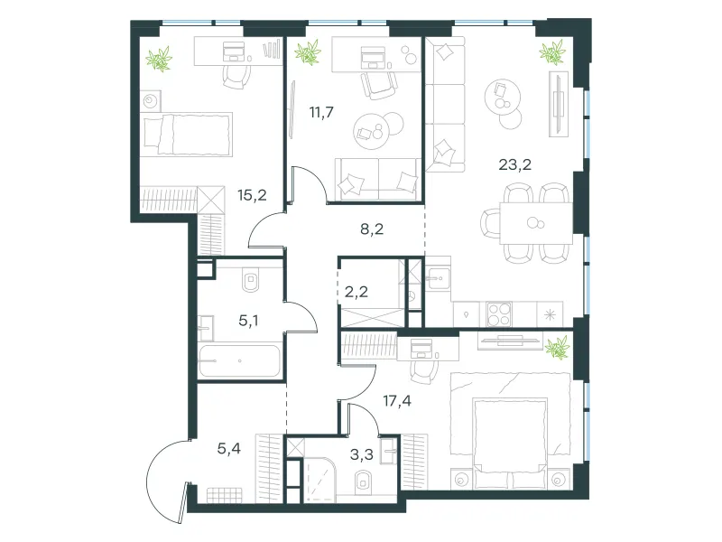 3-комн. 91.7 м²