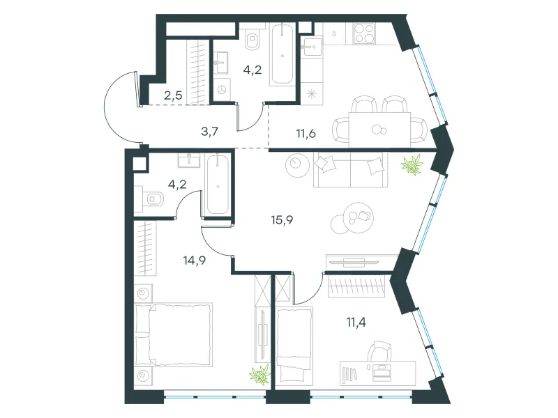 3-комн. 69.3 м²
