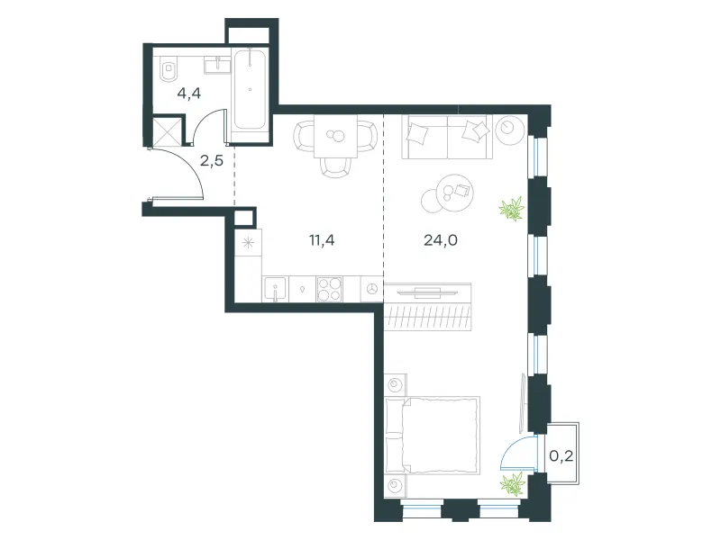 1-комн. 42.5 м²