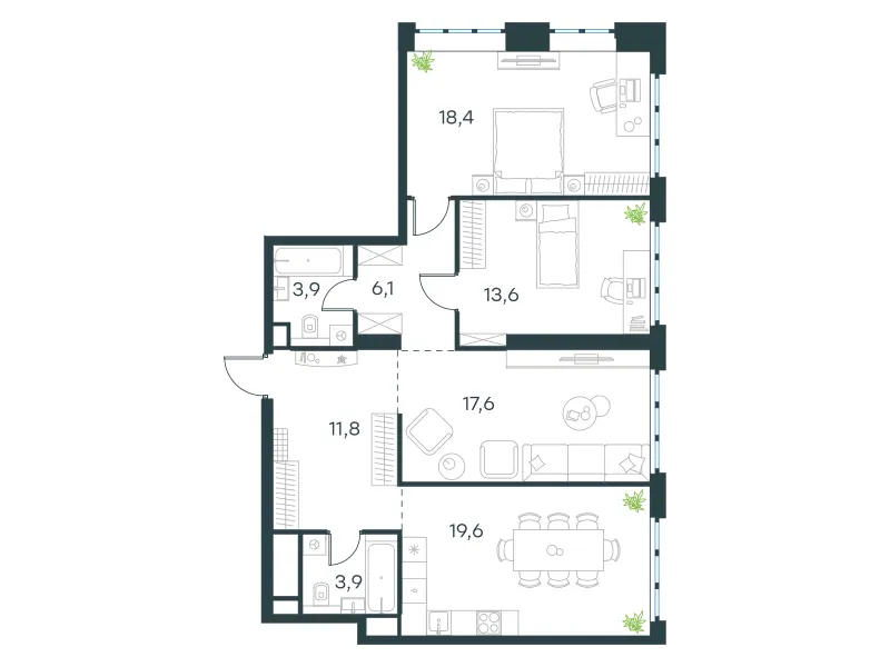 3-комн. 94.9 м²