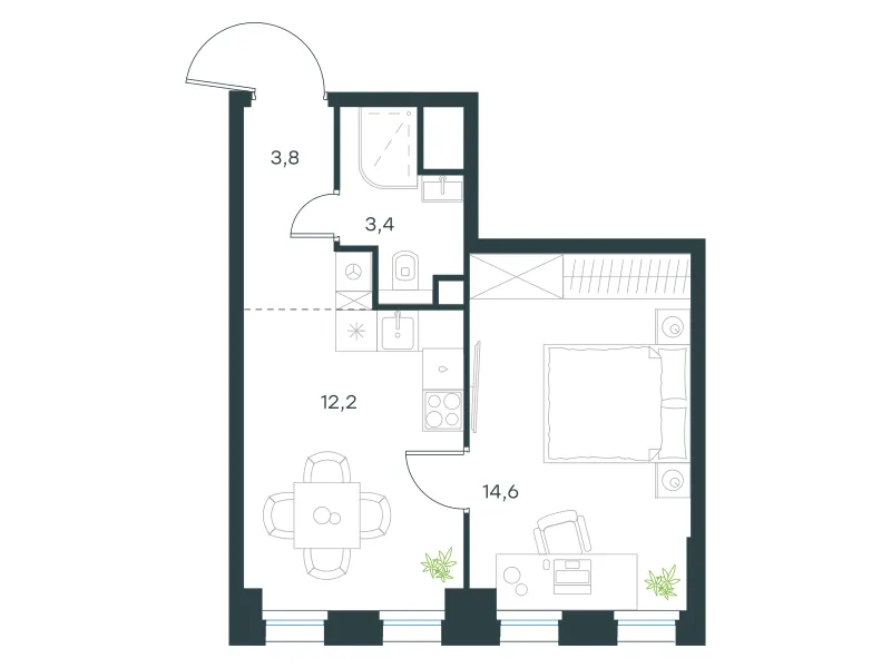 1-комн. 34 м²