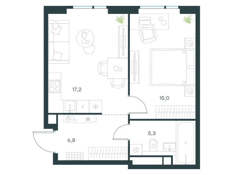 1-комн. 44.3 м²