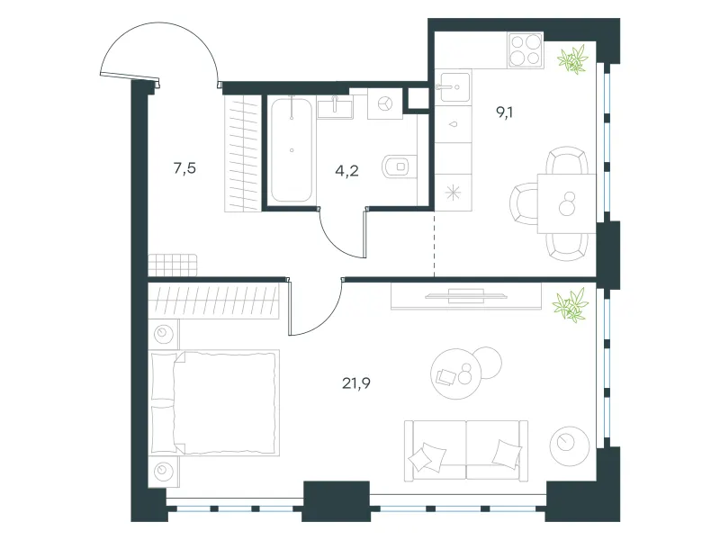 1-комн. 42.7 м²