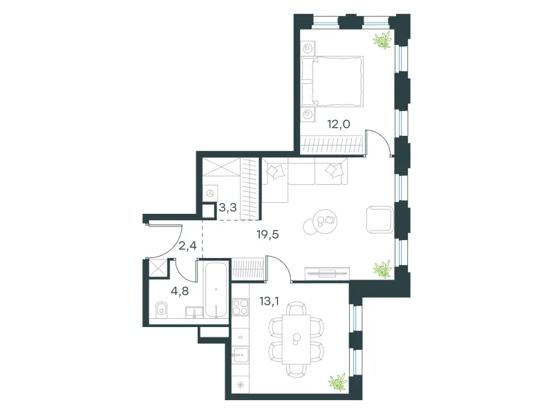 2-комн. 55.1 м²