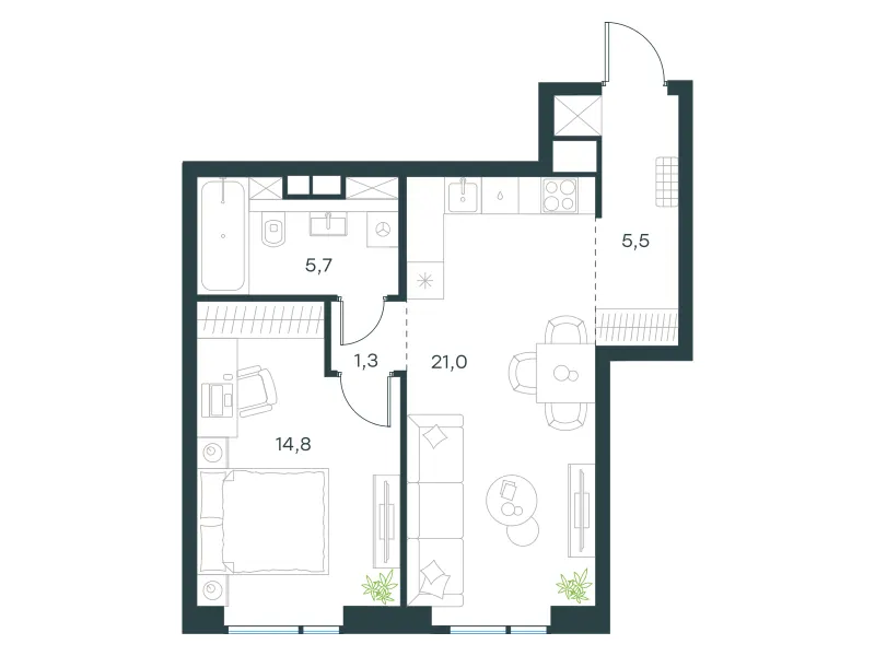 1-комн. 48.3 м²