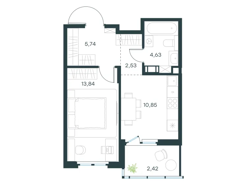 1-комн. 40 м²