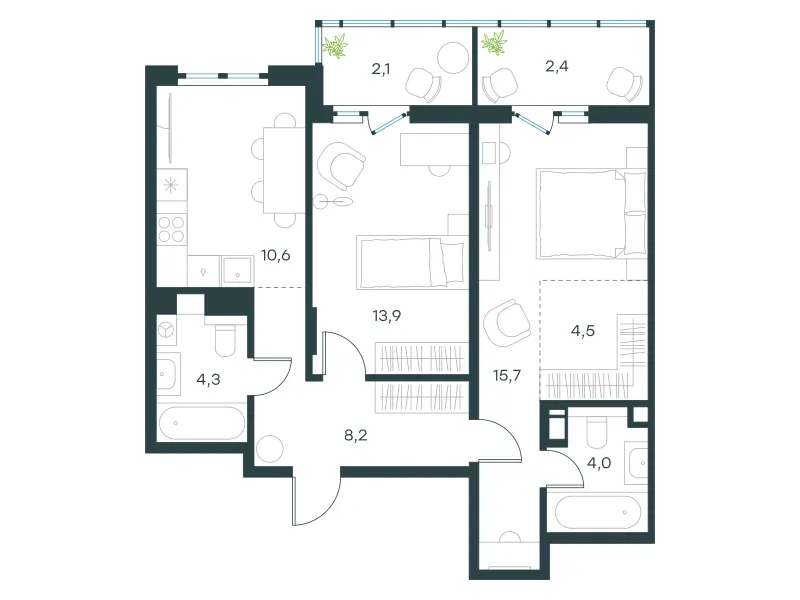 2-комн. 65.6 м²