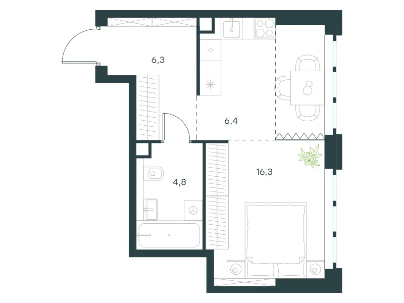 1-комн. 33.8 м²