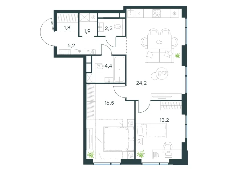 2-комн. 70.4 м²