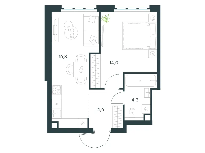 1-комн. 39.2 м²