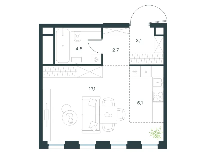 1-комн. 34.5 м²