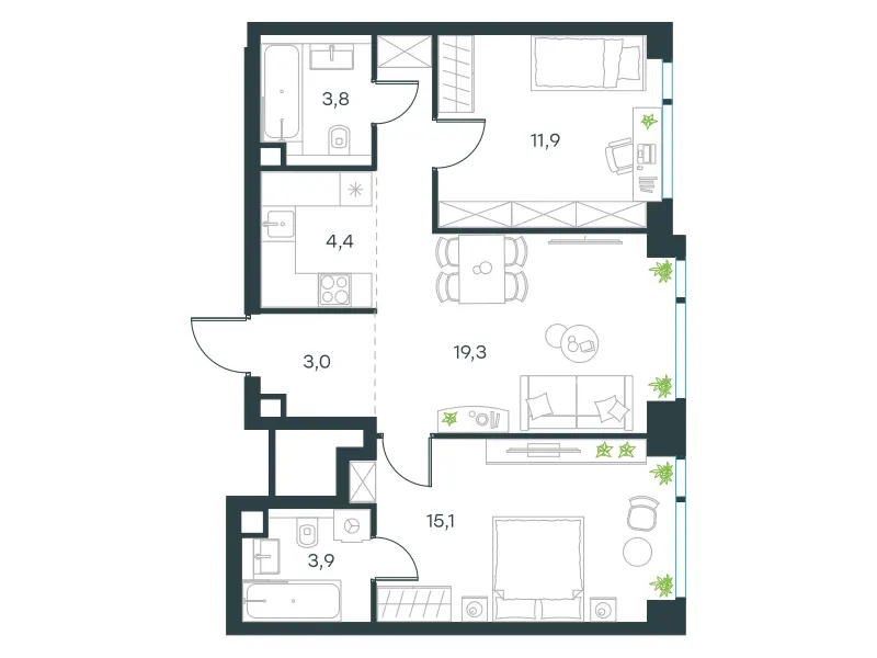3-комн. 61.4 м²
