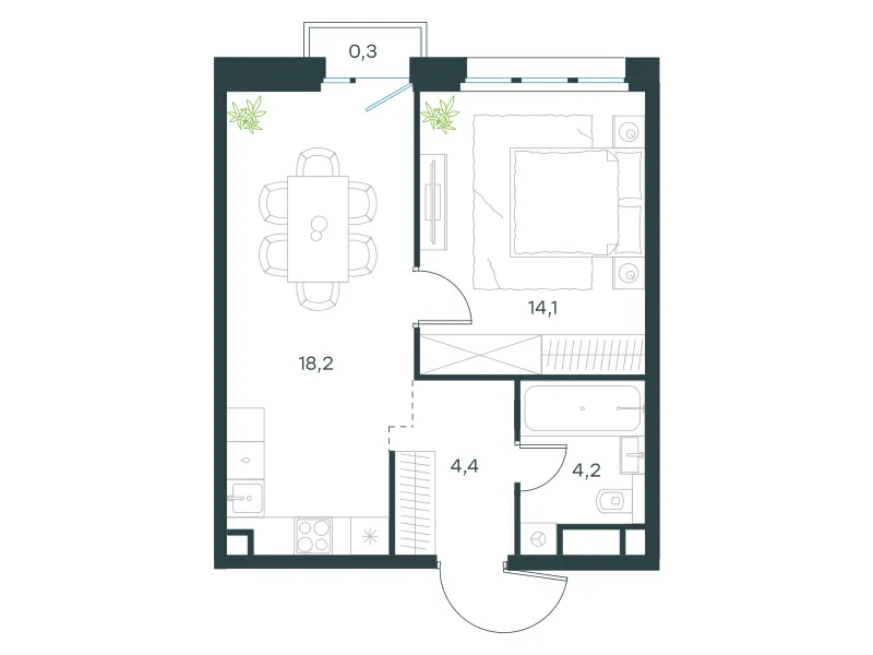 1-комн. 41.2 м²