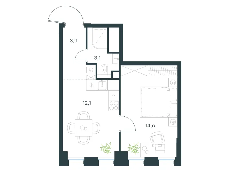 1-комн. 33.7 м²